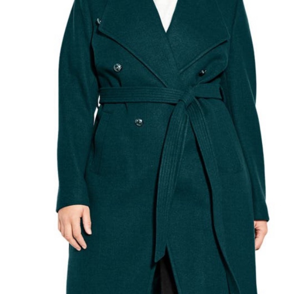 City Chic Belted Trench Coat Woman's XXS Green Double Breasted Business Classic
